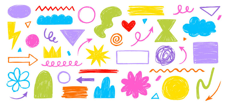 Crayon doodle color scribble line brush shape. Brush crayon pencil paint stroke texture doodle shape. Vector hand drawn frame background set of abstract design graphic figure. Vector illustration