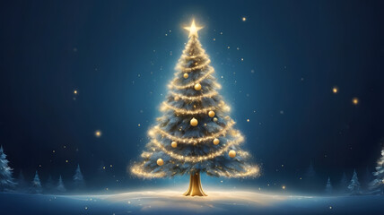 christmas tree with candles, golden christmas tree, christmas tree with stars and snowflakes, blue background, ai generated