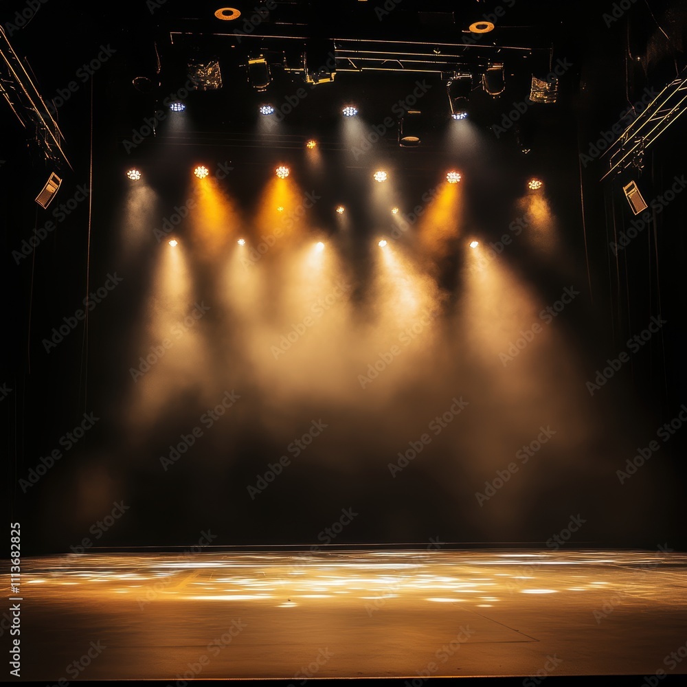 Poster illuminated empty stage with dramatic lighting and fog effects, creating a vibrant atmosphere.