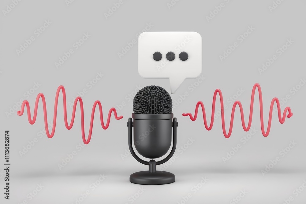 Poster a black microphone with a speech bubble and sound waves.