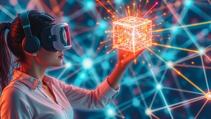 Virtual Reality Explorer , A woman immersed in a virtual reality experience, holding a glowing cube object against a backdrop of a futuristic network of colorful lines and dots.