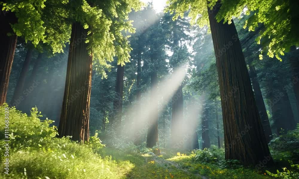Wall mural sunbeams illuminate a path through a lush redwood forest