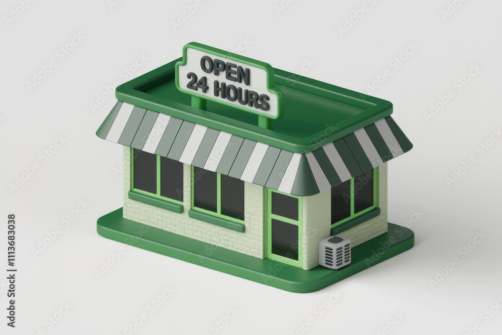 Poster 3D model of a green store open 24 hours