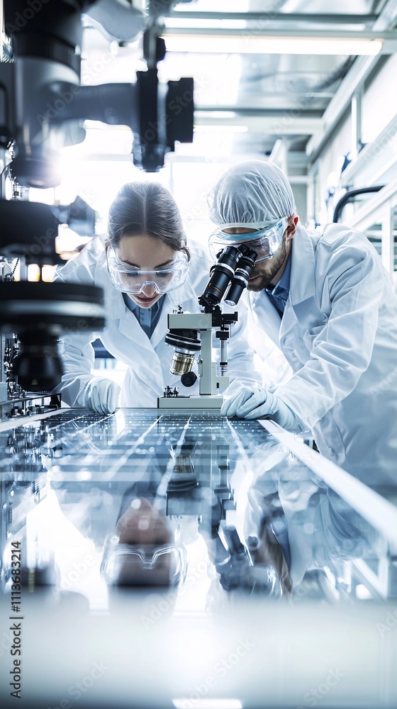 Poster engineers inspecting a composite panel under a high-tech microscope in a modern laboratory setting