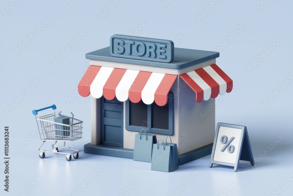 Poster A 3D rendering of a store with a shopping cart  bags  and a percent sign.