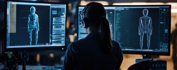 designer analyzing motion capture data on dual monitors, showcasing digital human model. environment is tech focused and modern, emphasizing innovation and creativity