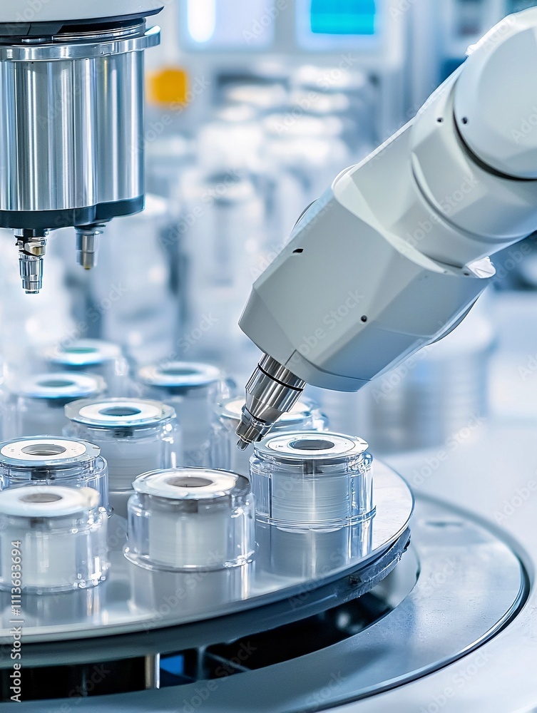 Poster a robotic arm precisely assembling composite parts in an automated manufacturing facility