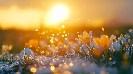 A serene sunrise in a meadow with early spring flowers blooming in warm golden light