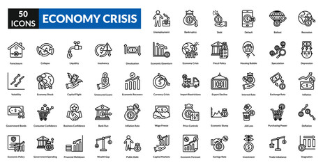 Economy crisis line icon collection set. Includes recession, downturn, unemployment, inflation, poverty, debt, collapse, deflation, shortage, bankruptcy, instability, crisis, loss, devaluation