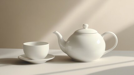 A white teapot and cup on a white counter.