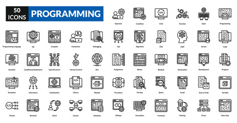 Programming line icon collection set. Includes code, algorithm, software, development, logic, script, compiler, debug, syntax, function, variable, loop, database, framework, api