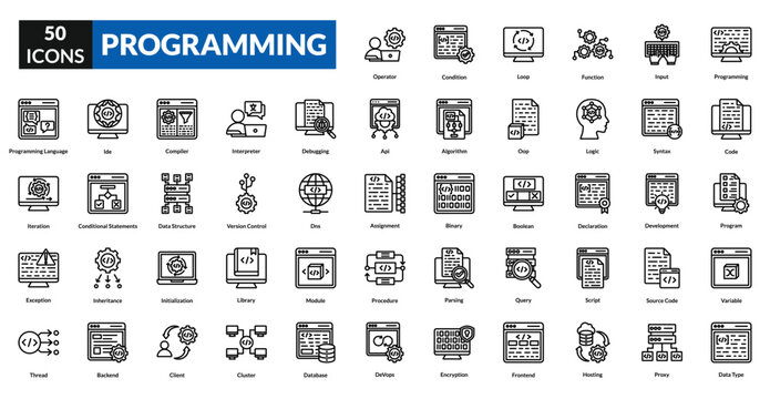 Programming line icon collection set. Includes code, algorithm, software, development, logic, script, compiler, debug, syntax, function, variable, loop, database, framework, api