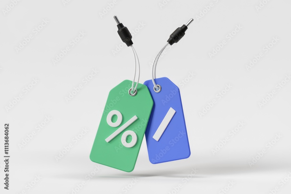 Poster Two price tags with percentage symbol and slash on white background