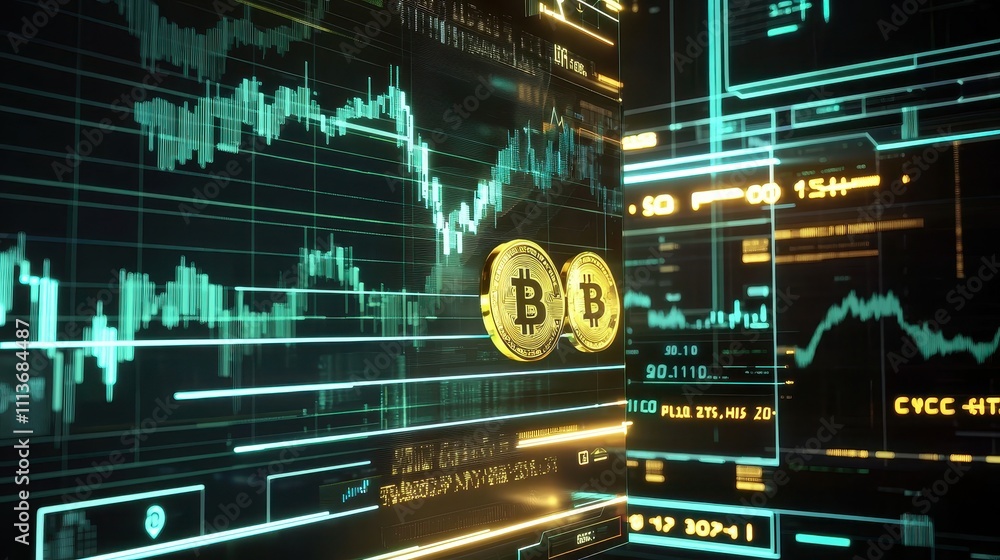 Aufkleber a digital visualization of bitcoin's market performance, showcasing fluctuating charts and cryptocur