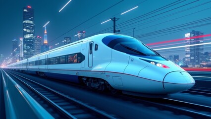 Fototapeta premium High-speed Train Navigating Through a Vibrant Cityscape at Dusk With Skyscrapers Illuminated