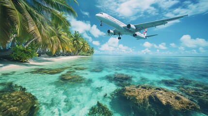 Plane flying over tropical beach with palm trees and crystal clear water.