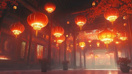 Enchanted Chinese Palace Hallway with Glowing Lanterns