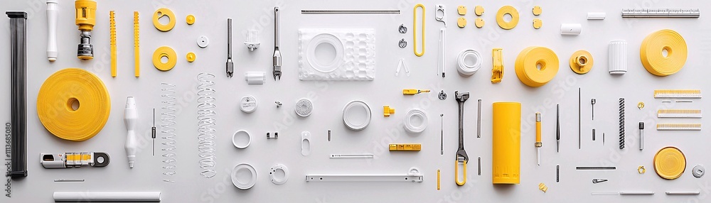 Poster a clean layout showing tools and materials used in composite fabrication on a workshop table