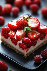Fresh strawberry and raspberry dessert served on a black plate with berries scattered around