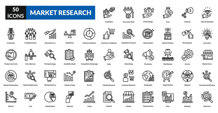 Market research line icon collection set. Includes analysis, survey, data, consumer, trends, insights, competitor, demographics, metrics, behavior, forecast, statistics, opportunity, strategy