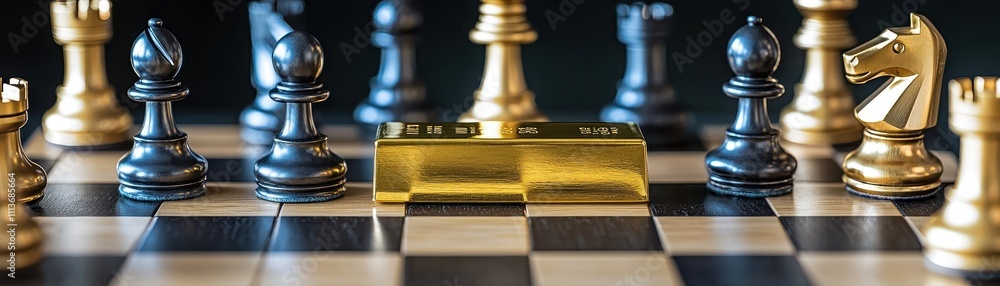Poster a close-up view of a chessboard featuring black and gold pieces, emphasizing strategy and competitio