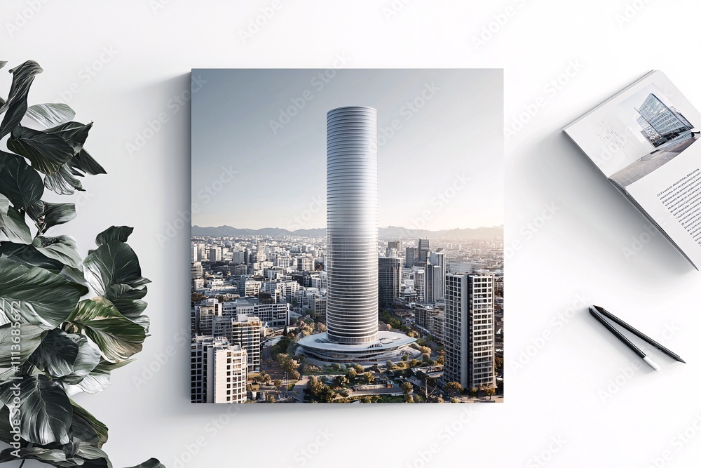 Poster a magazine-style spread showing a skyscraper constructed with durable composite materials, blending 