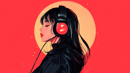 Anime girl listening to chill music with headphones. Manga style cartoon drawing