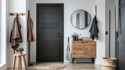 Modern hallway with entryway furniture, coats, and a round mirror.