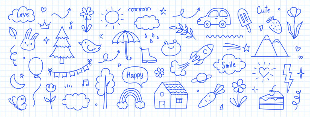 Obraz premium Cute kid background line tree, cloud, flower icon. Hand drawn doodle sketch kid art element pattern. Flower, animal, cloud children draw style design element background. Vector illustration