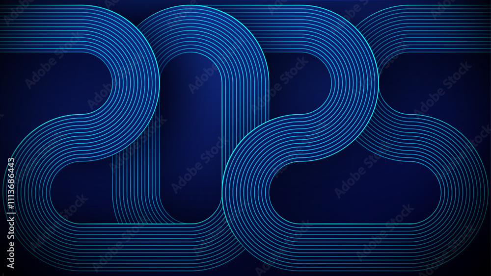 Poster 2025 technology blue background. A circuit board in navy blue tech bg. New Year digital banner in futuristic computer style. AI chip and circuit, or semiconductor concept. Abstract vector illustration