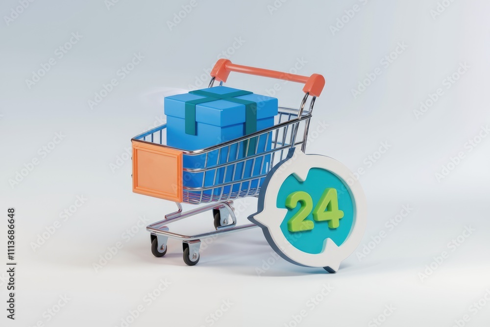 Poster A shopping cart with a gift box and a 24 hour delivery sign.