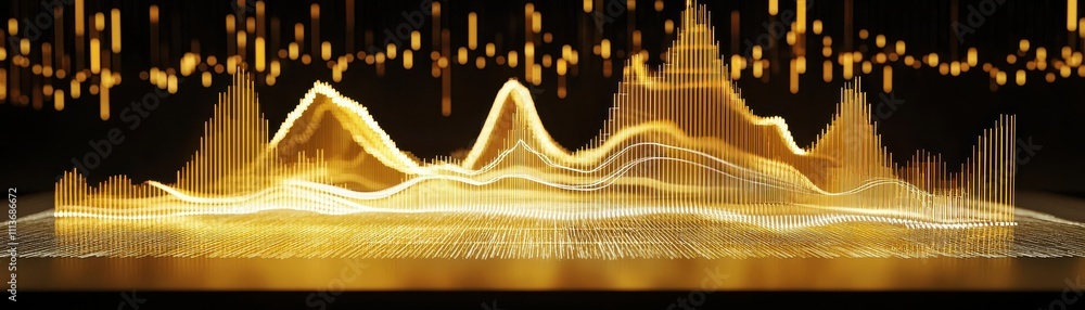 Poster a vibrant audio visualization displaying dynamic sound waves in gold tones against a dark background