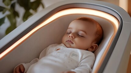 A baby lying in a hightech, selfrocking crib