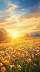 Obraz premium Stunning Sunrise Over a Field of Yellow Flowers