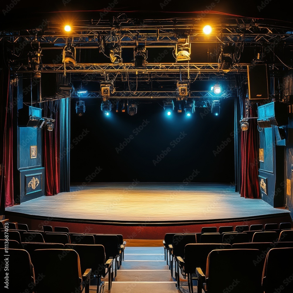 Poster empty theater stage with warm lighting, ready for a performance.