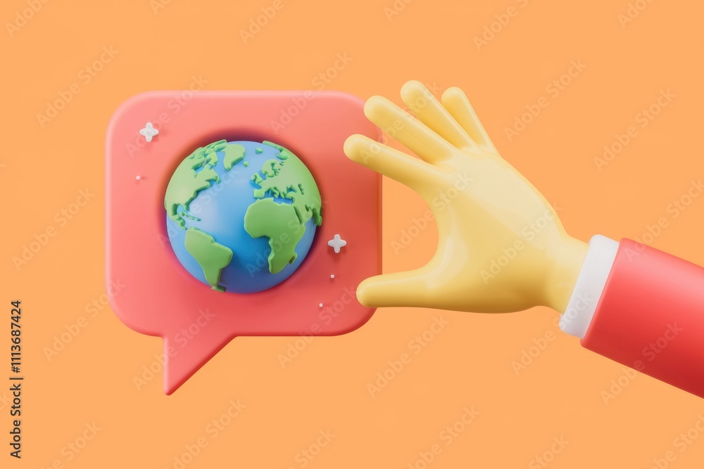 Poster 3d cartoon hand holding a speech bubble with a globe inside.