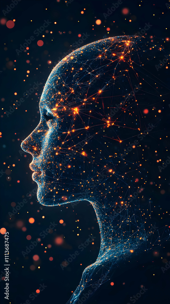Poster a digital representation of a human profile filled with glowing particles and connections.