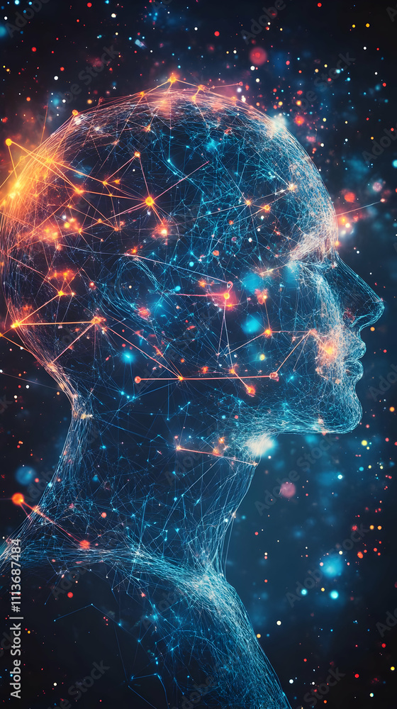 Poster A digital representation of a human head filled with interconnected neural networks and lights.