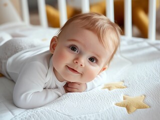 A baby lying on a firm mattress in a crib with no loose bedding