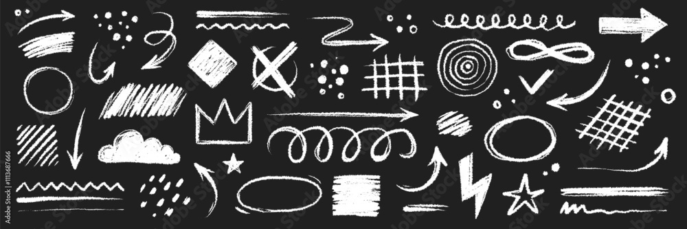 Poster arrow brush line chalk sketch texture brush vector set. crayon marker scribble sketch stroke arrow e