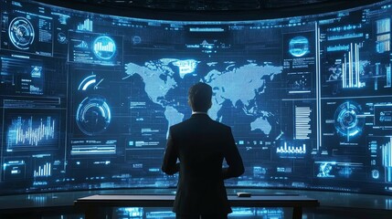 Businessman looking at a large screen displaying a world map and data.