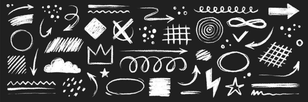 Arrow brush line chalk sketch texture brush vector set. Crayon marker scribble sketch stroke arrow element line brush hand drawn design. Texture abstract chalk, crayon style. Vector illustration