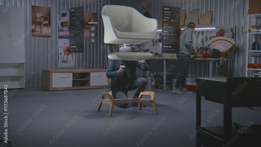 Poster modern workshop: professional craftsman or designer wearing ar headset assembles chair in virtual sp