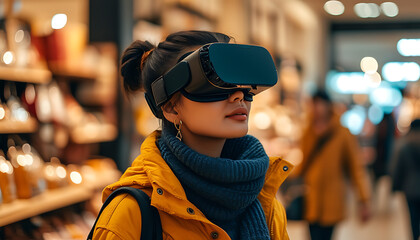 woman using virtual reality glasses in mall, exploring technology