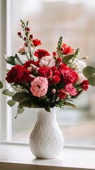 Fototapeta premium Stunning Red and Pink Floral Arrangement in a White Vase