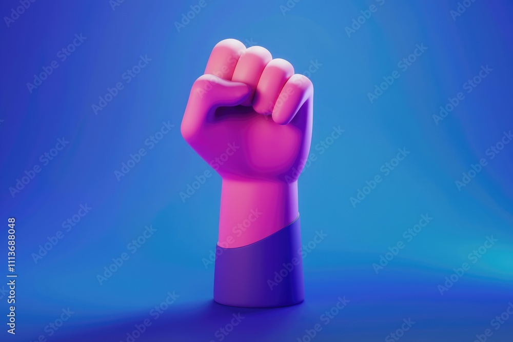 Poster a pink 3d fist raised in the air on a blue background.