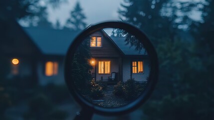 Obraz premium Cozy illuminated house viewed through a lens at night, surrounded by trees.