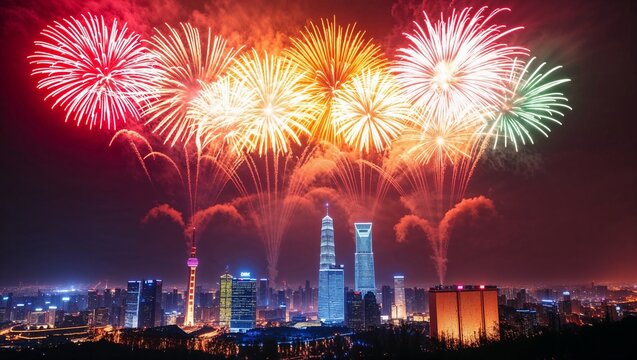A stunning fireworks display illuminates the night sky with tall buildings and skyscrapers visible in the background. The city skyline is illuminated by vibrant colors