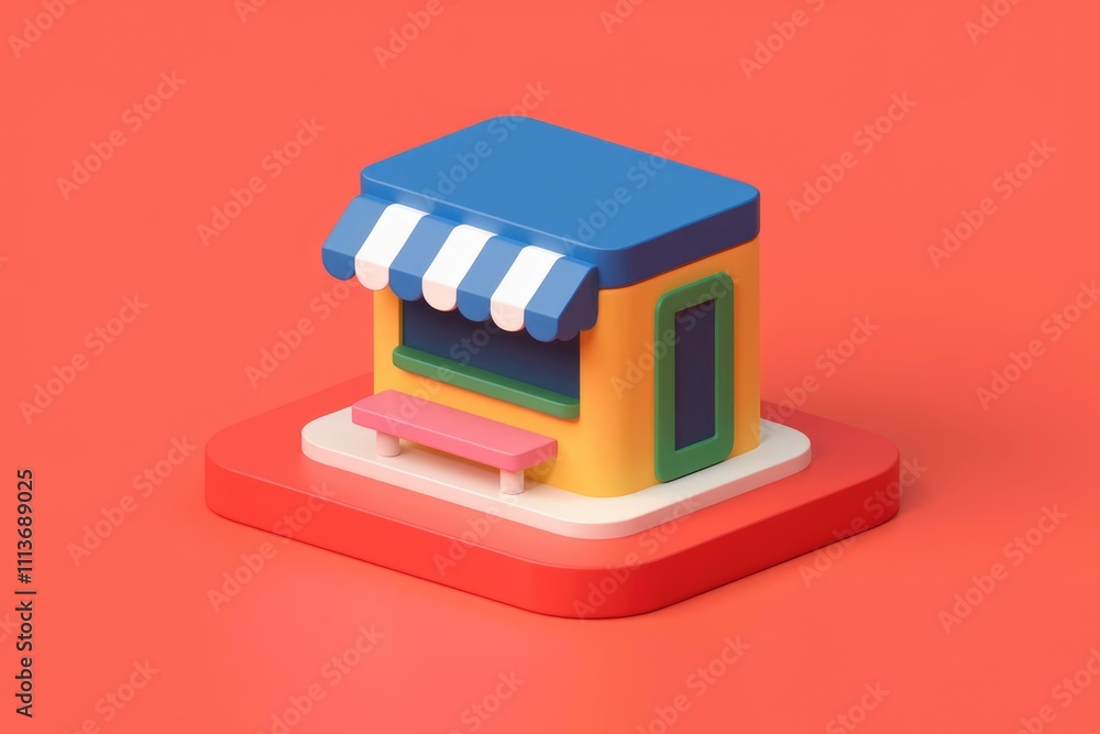 Poster a 3d rendering of a colorful store with a striped awning