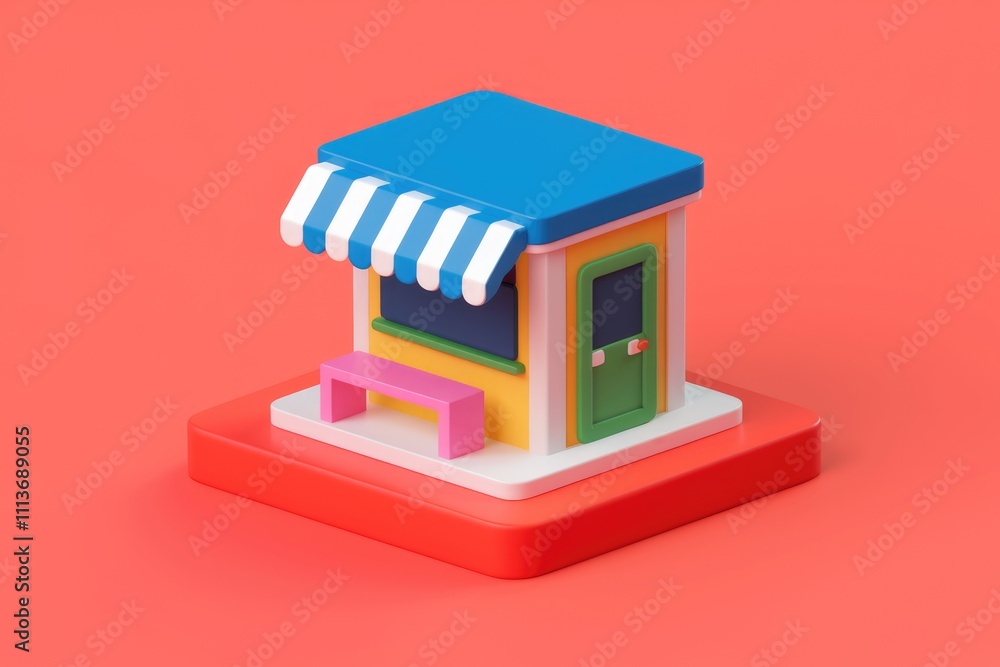 Poster A 3D rendering of a colorful storefront with a striped awning.